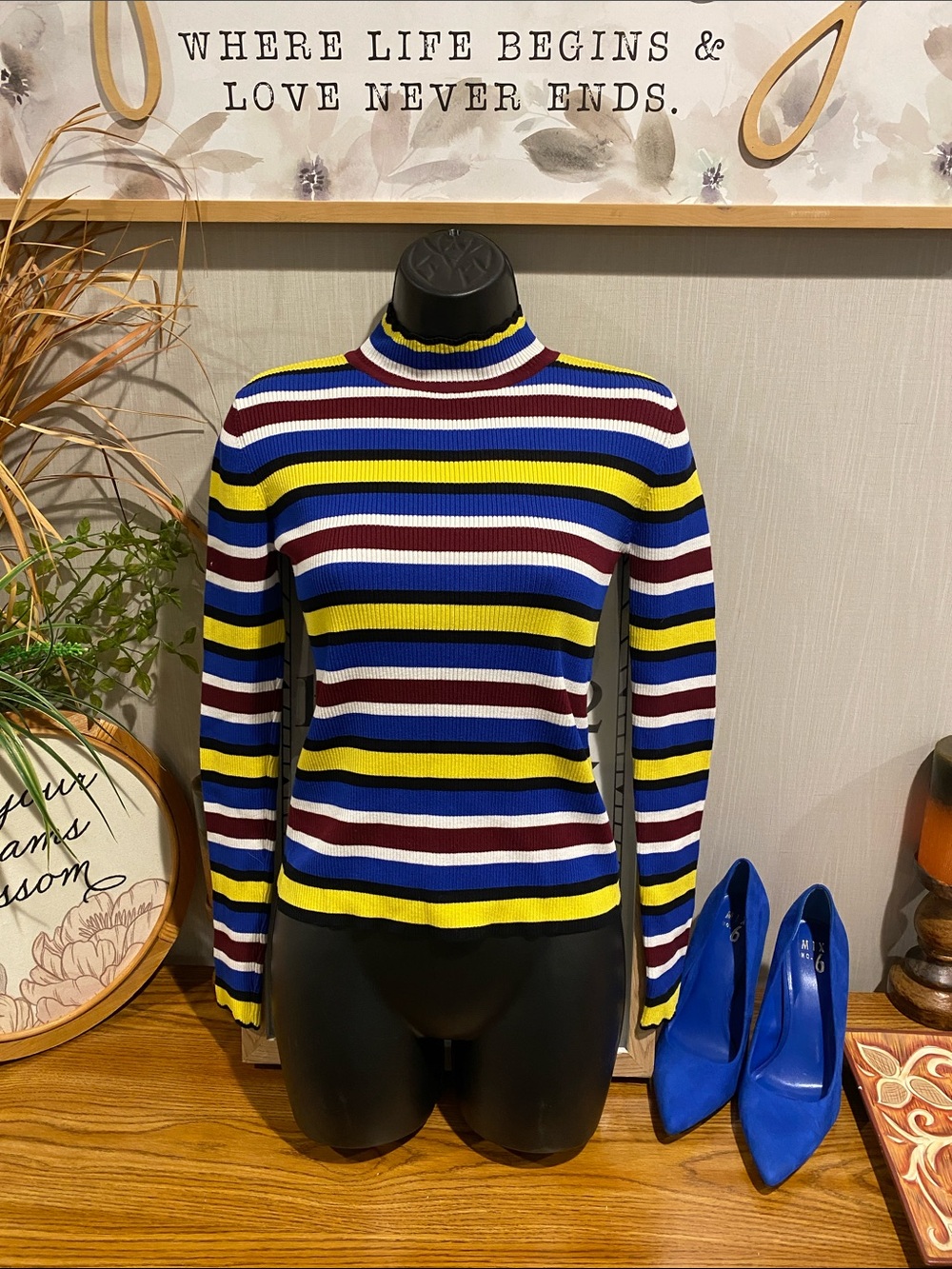 Zara Striped Mock-Neck Long Sleeve Top in Blue, Yellow, Burgundy, White & Black